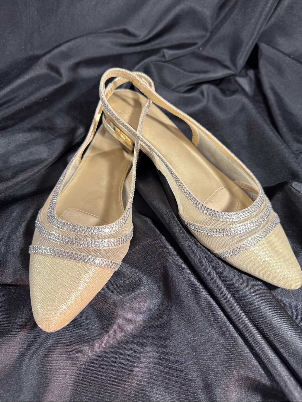 Jones New York Champagne Slingback Pointed Toe Flats with Rhinestone Straps